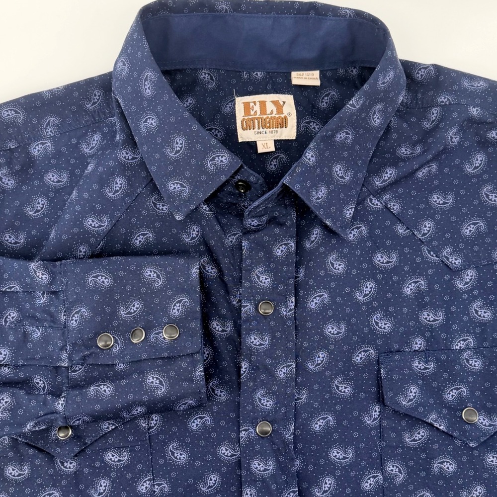 Ely Cattleman Mens XL Navy Blue Paisley Pearl Snap Western Long Sleeve Shirt